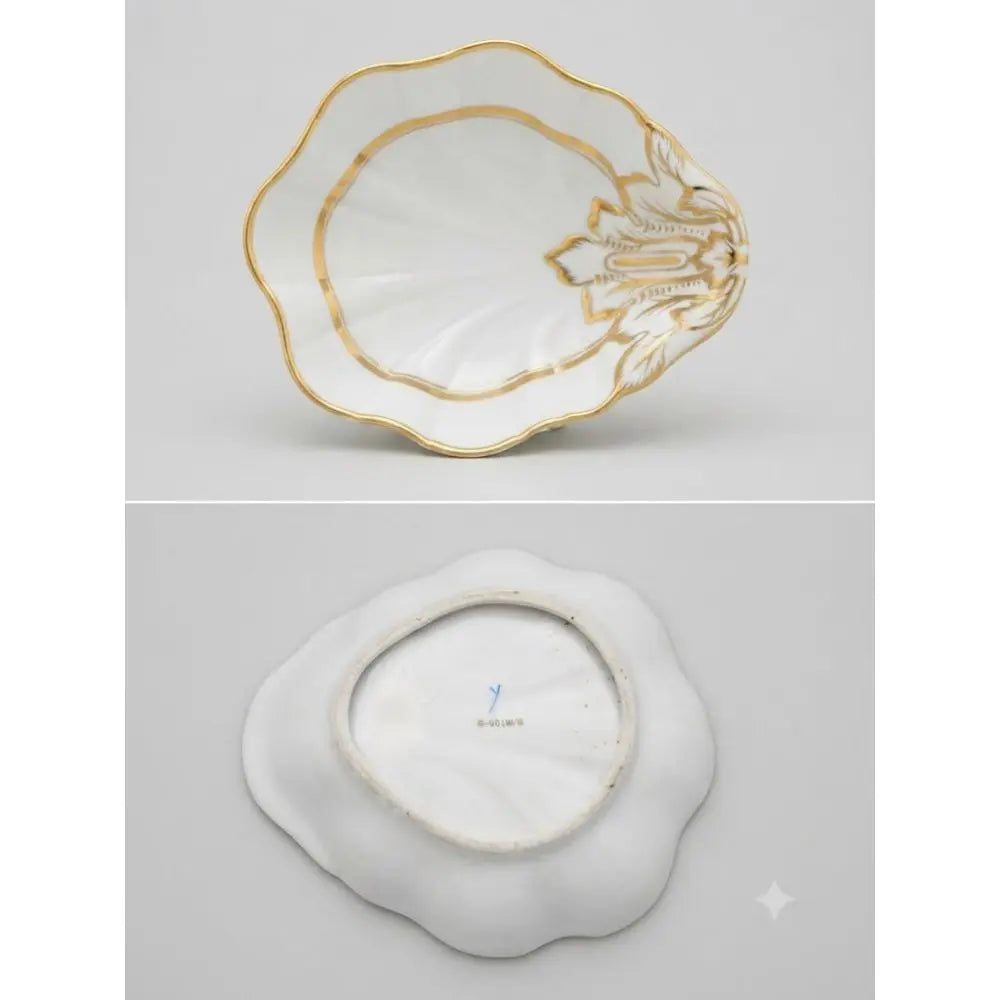 Vintage German Hand Painted Oyster Shell Shape, Expertly crafted in Germany, this piece features delicate, hand-painted details and luxurious gold-plated trim
